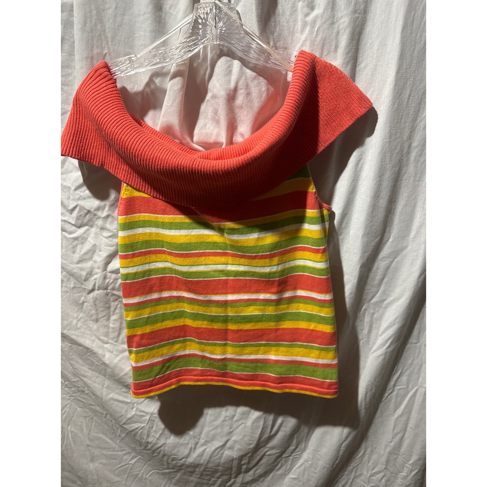 Jones New York Sport Striped Off Shoulder Knit Top Coral Green Yellow Medium